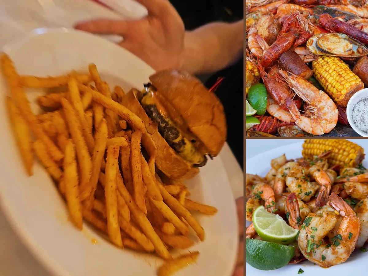 Fried seafood plates served with fries.