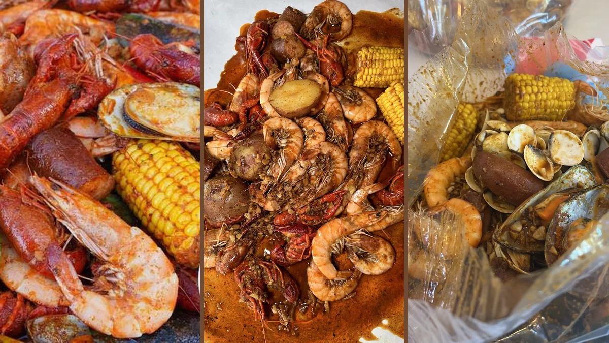Shared table with Cajun seafood spread.
