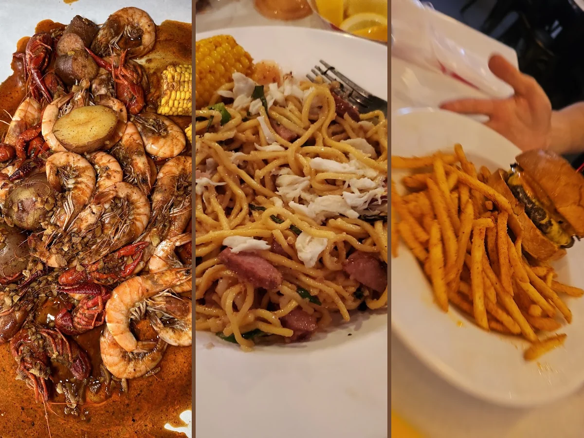 Shared table with Cajun seafood spread.