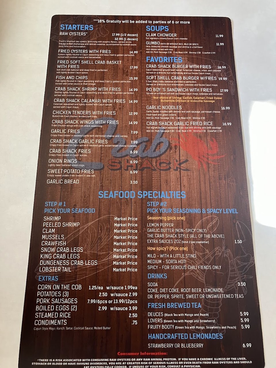 Menu page featuring seafood specialties and soups.